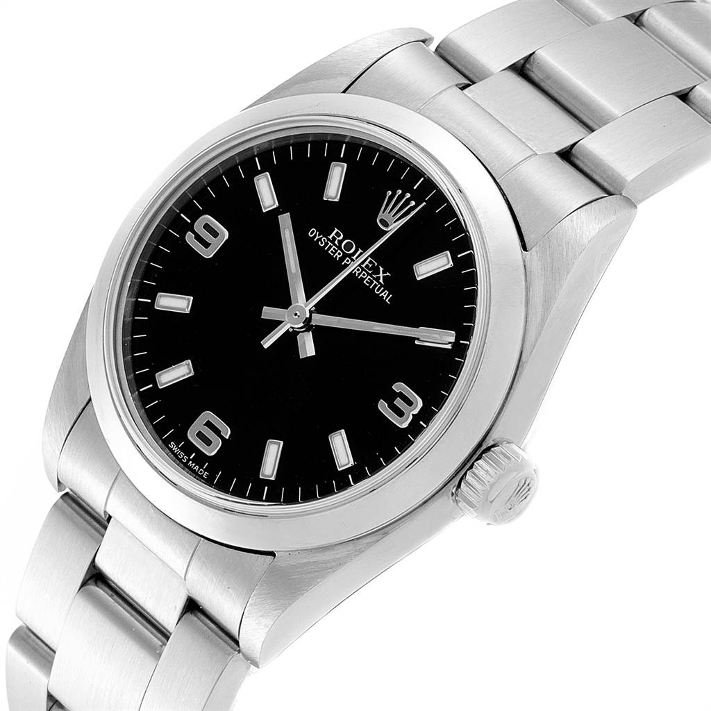 The image shows a frontal angle of the Rolex Mid-Size 77080 Women's Stainless Steel Black Dial 77080 Women's Stainless Steel Black Dial Oyster Perpetual, highlighting the dial, crown, and bracelet.