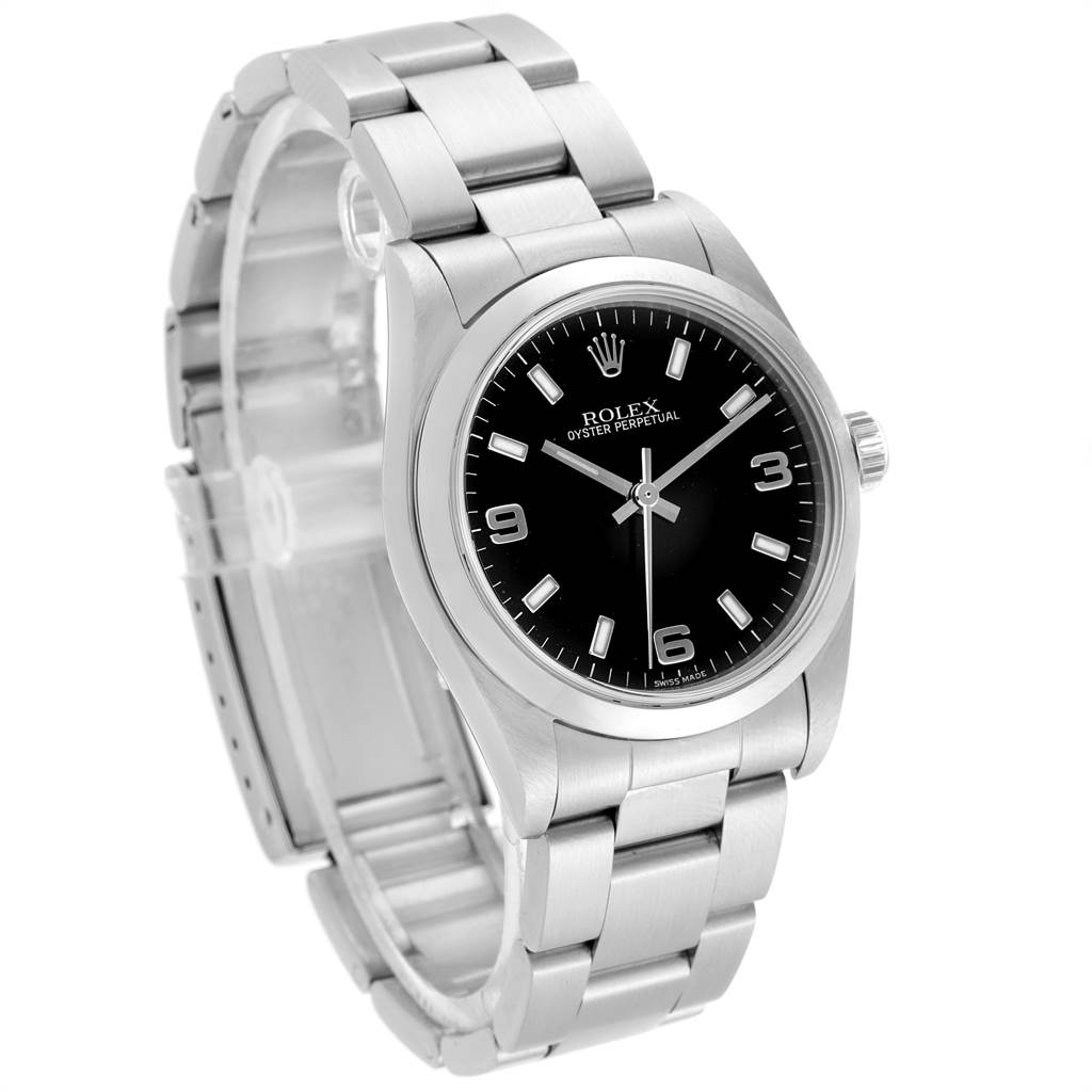 This image shows a frontal view of the Rolex Mid-Size 77080 Women's Stainless Steel Black Dial 77080 Women's Stainless Steel Black Dial Oyster Perpetual watch with a silver metal band and black dial.