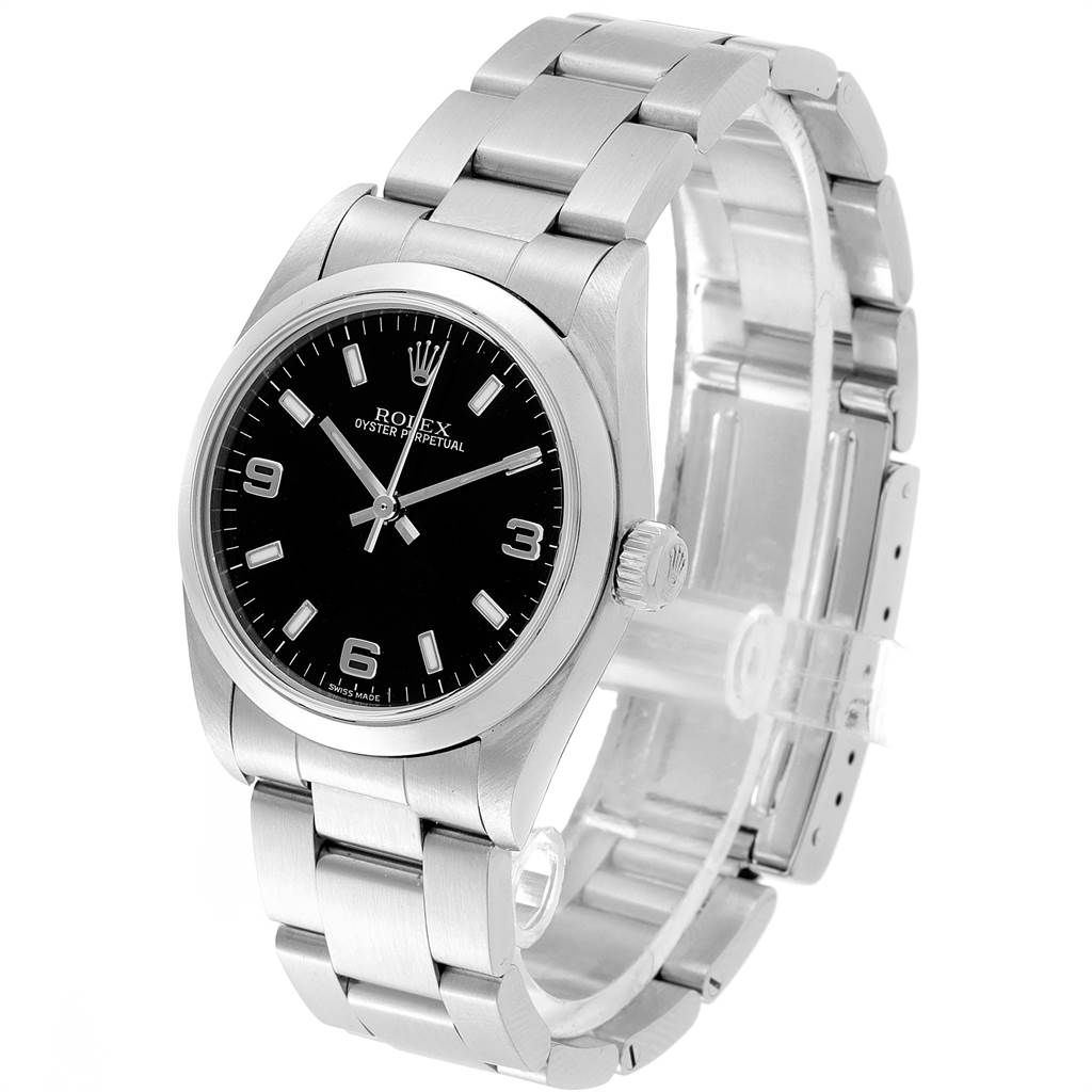 This image shows a Rolex Mid-Size 77080 Women's Stainless Steel Black Dial 77080 Women's Stainless Steel Black Dial Oyster Perpetual watch angled slightly from the front, revealing its black dial and stainless steel bracelet.