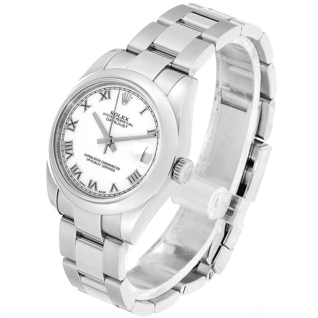 This image shows a side-angle view of a Rolex Mid-Size 178240 Women's Stainless Steel White Dial 178240 Women's Stainless Steel White Dial Oyster Perpetual Datejust watch, highlighting the dial, bezel, and bracelet.