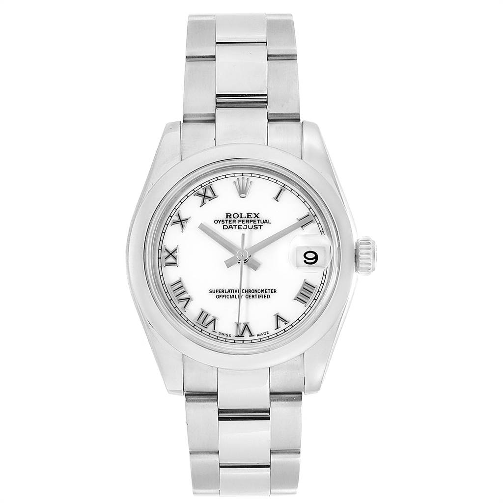 The image shows a front view of a Rolex Mid-Size 178240 Women's Stainless Steel White Dial 178240 Women's Stainless Steel White Dial Datejust watch displaying the face, bezel, bracelet, and crown.