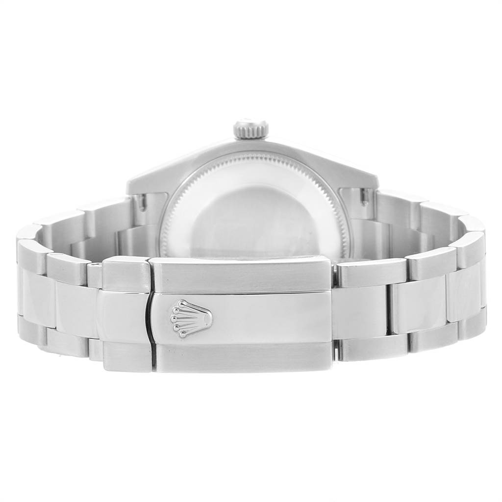 This image shows the back view of a mid-size Rolex watch, focusing on the clasp and bracelet.