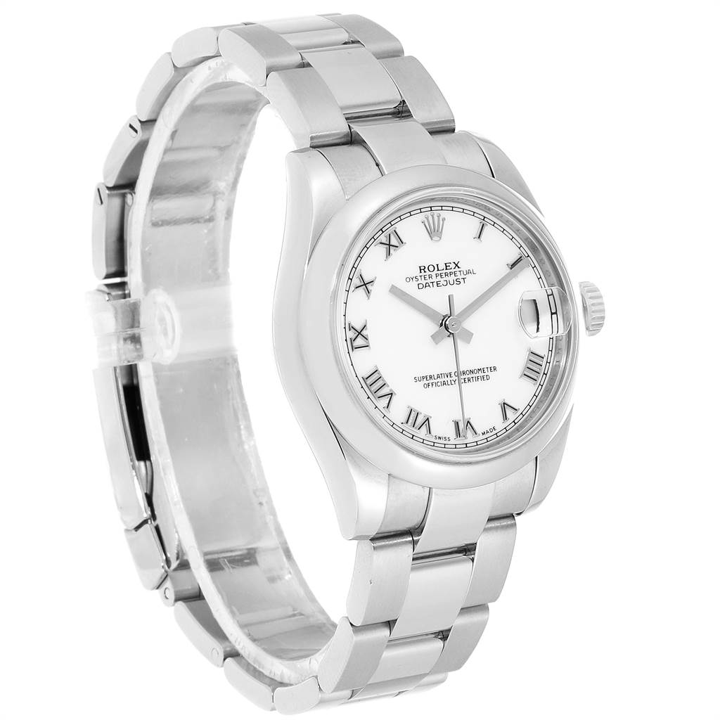 This image shows a Rolex Oyster Perpetual Datejust Mid-Size watch at a three-quarter angle, highlighting the bracelet, bezel, and dial.