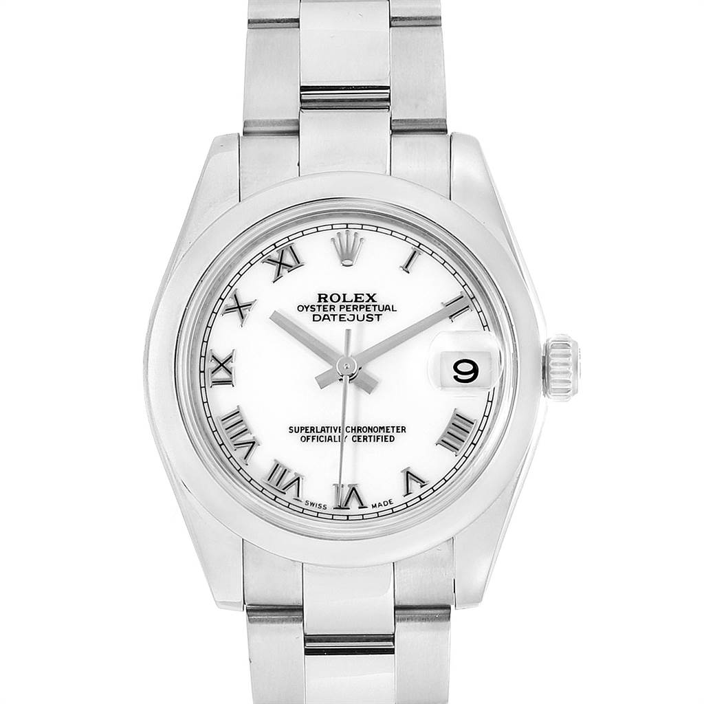 This image shows the front view of a Rolex Datejust Mid-Size watch, displaying the dial, hour markers, hands, and bracelet.