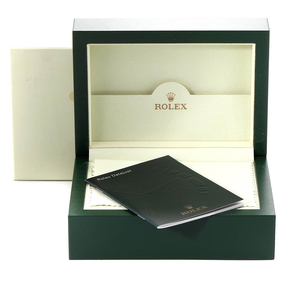 The image shows an open Rolex Mid-Size 178240 Women's Stainless Steel White Dial 178240 Women's Stainless Steel White Dial watch box with a booklet inside.