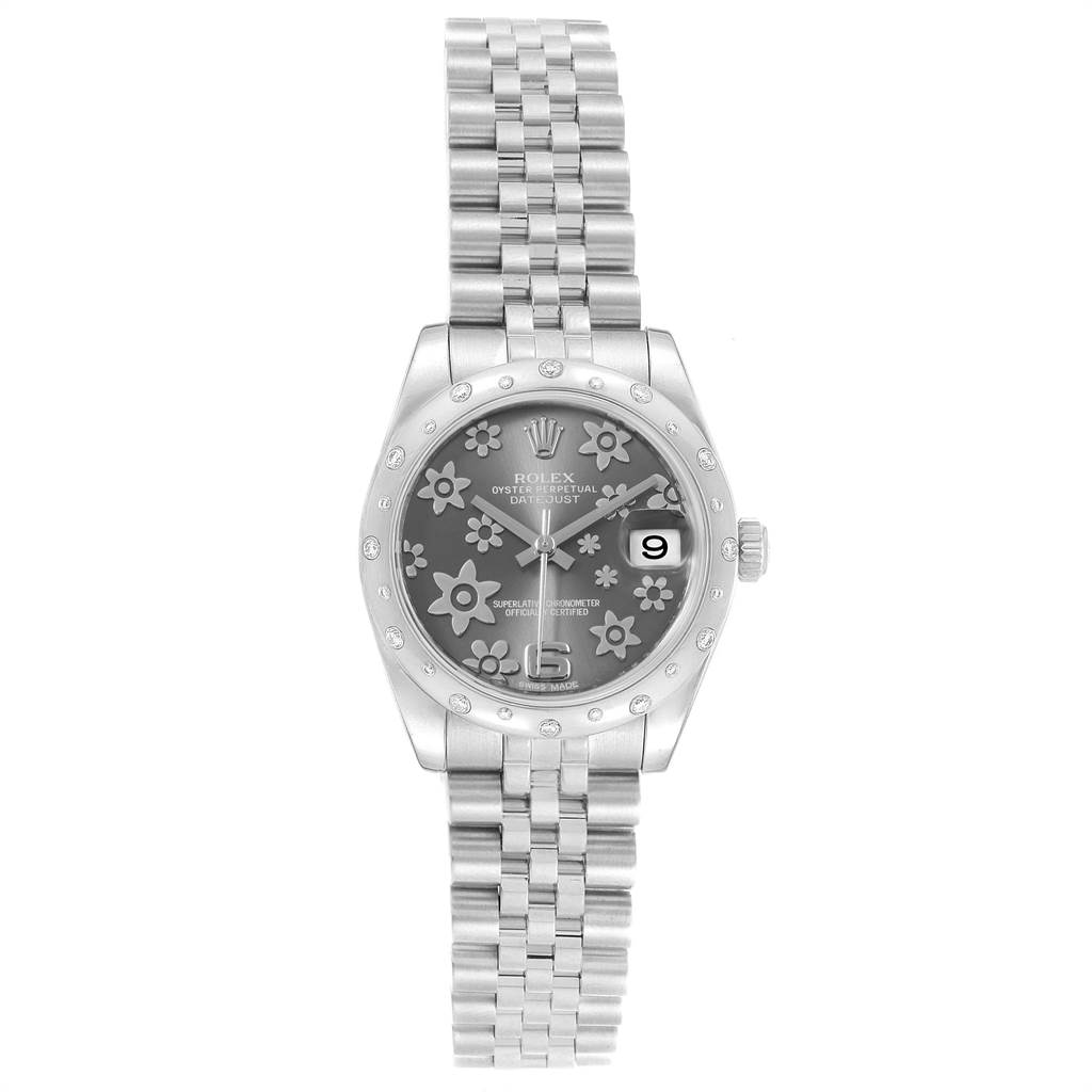 The image shows a front view of a Rolex Mid-Size 178344 Women's Stainless Steel Grey Dial 178344 Women's Stainless Steel Grey Dial Oyster Perpetual Datejust watch, featuring its dial, bezel, and bracelet.