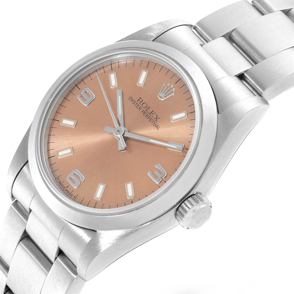 This image shows a Rolex Mid-Size 67480 Women's Stainless Steel Pink Dial 67480 Women's Stainless Steel Pink Dial model watch with a close-up view of the dial, bezel, crown, and bracelet.