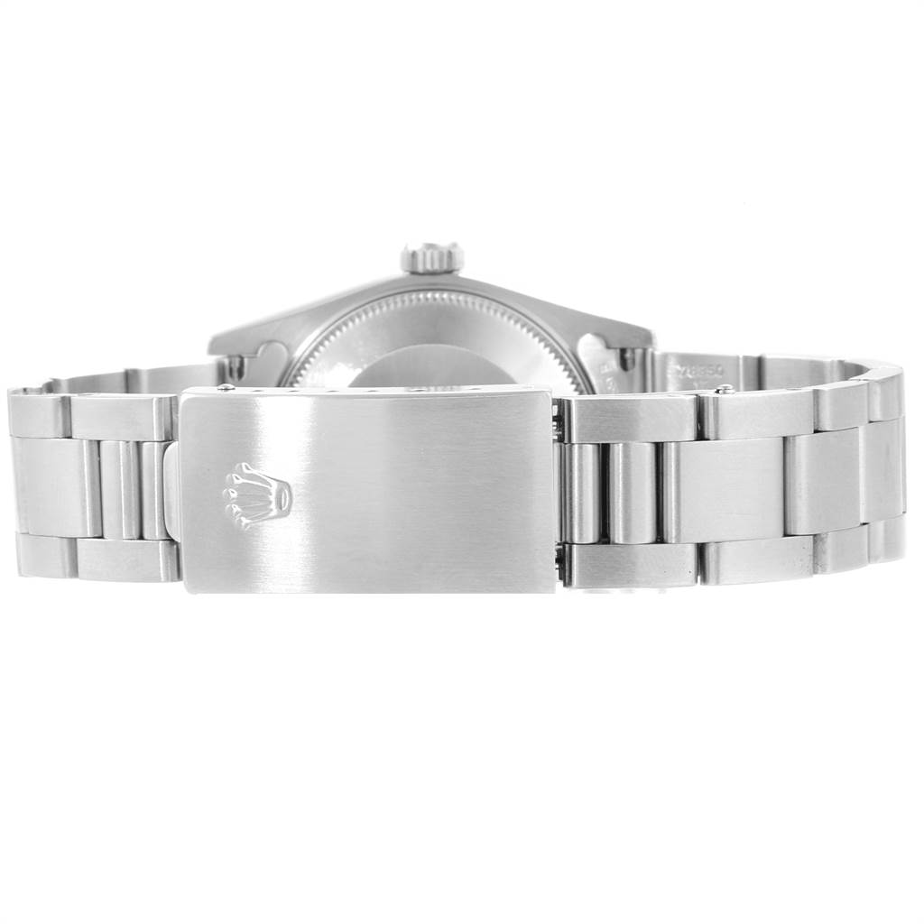 The image shows the clasp and bracelet of a Rolex Mid-Size 67480 Women's Stainless Steel Pink Dial 67480 Women's Stainless Steel Pink Dial model from a rear angle.