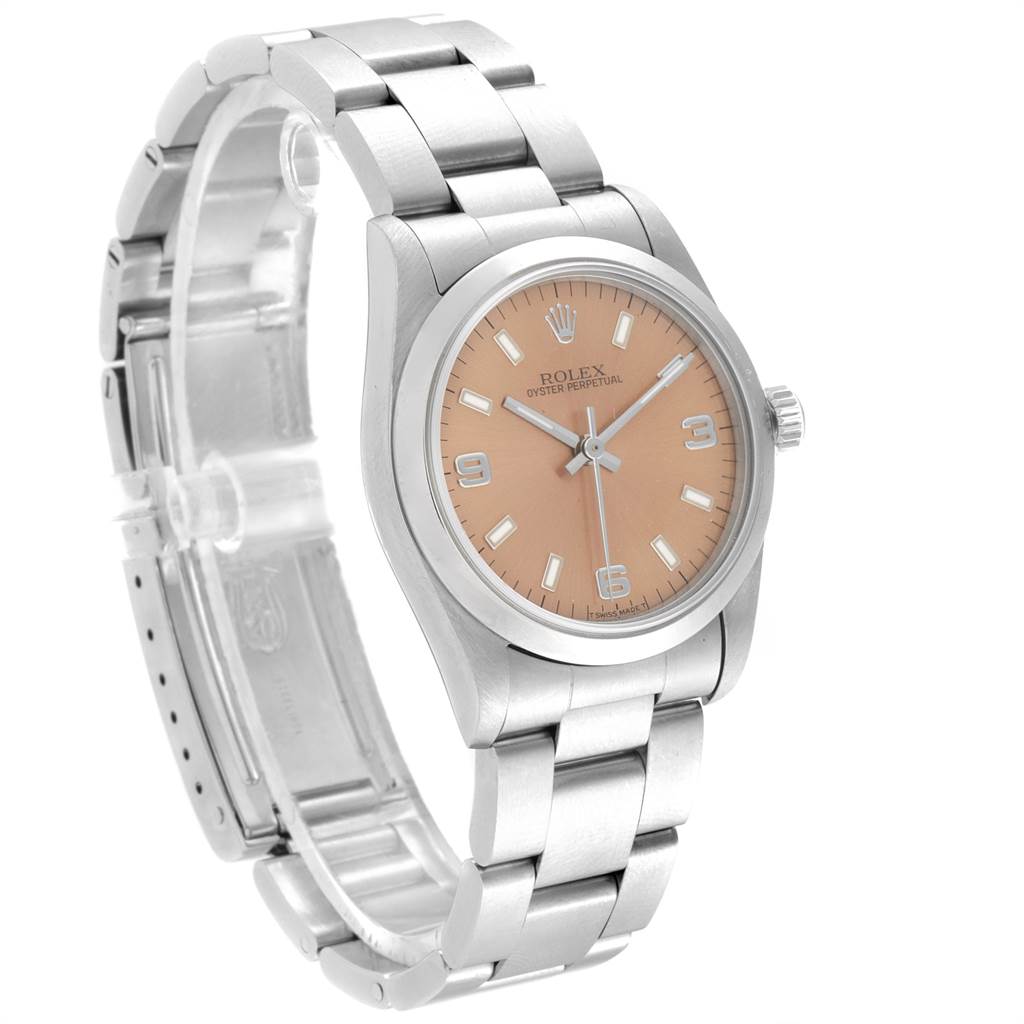 The image shows a Rolex Mid-Size 67480 Women's Stainless Steel Pink Dial 67480 Women's Stainless Steel Pink Dial Oyster Perpetual watch angled slightly to the right, featuring its dial, bezel, crown, and bracelet.