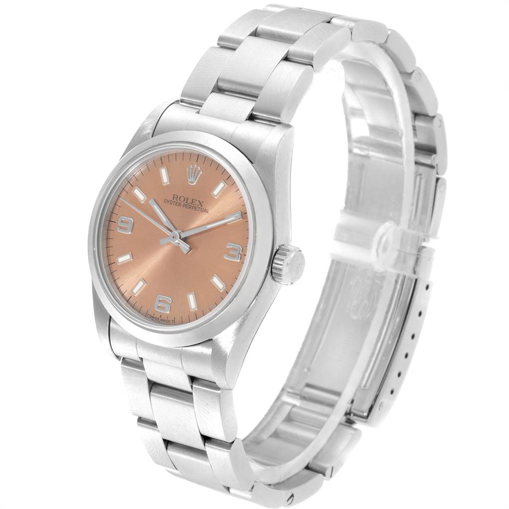 This image shows a Mid-Size Rolex Oyster Perpetual watch from an angled side view, featuring its dial, case, and bracelet.