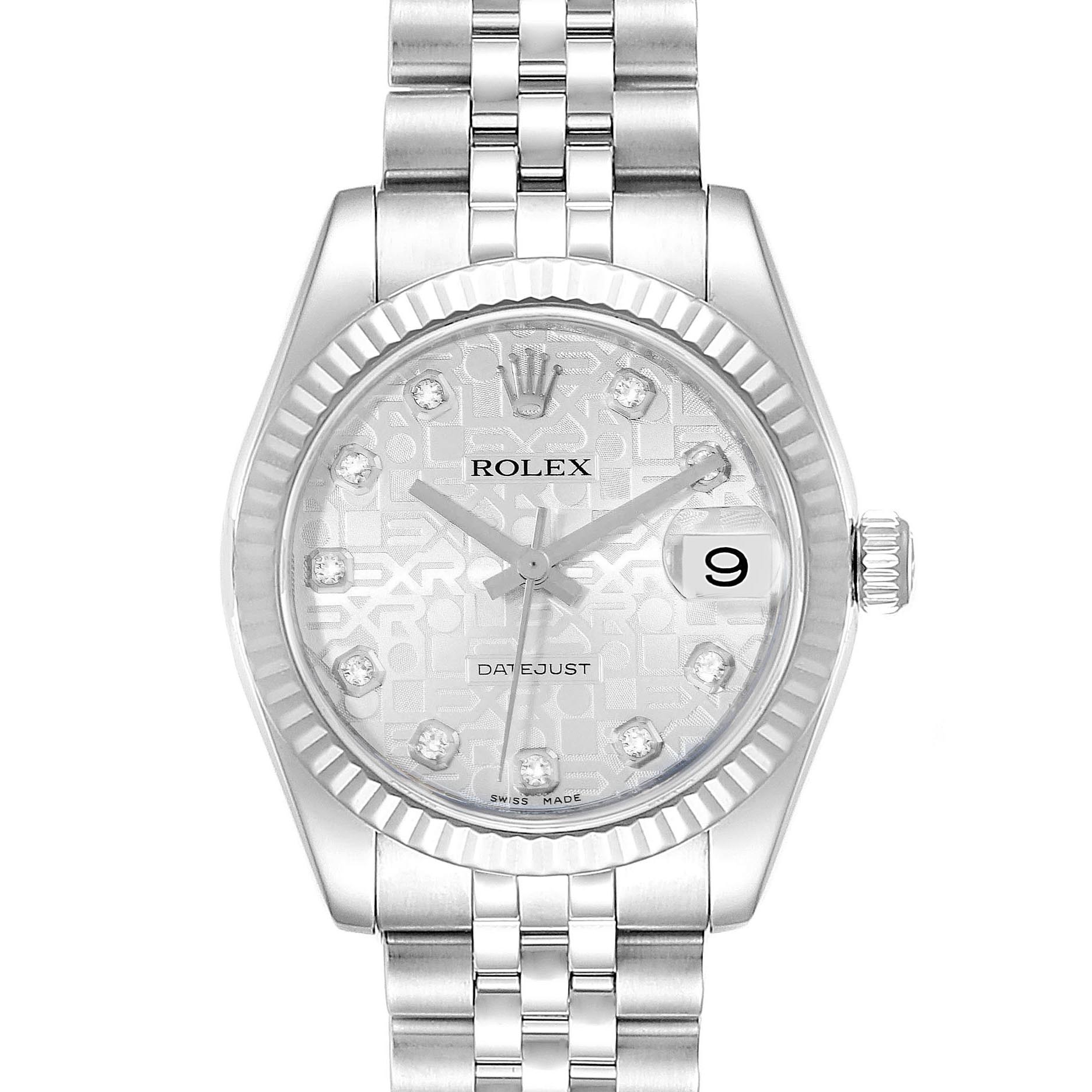 This image shows a front view of a Rolex Datejust Mid-Size watch, displaying the dial, bezel, crown, and part of the bracelet.