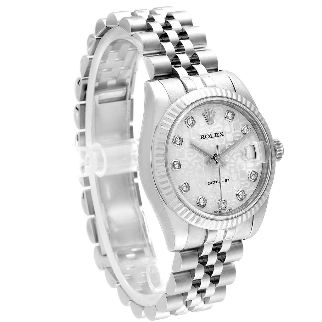 The Rolex Mid-Size 178274 Women's Stainless Steel Silver Dial 178274 Women's Stainless Steel Silver Dial model watch is shown from an angled side view, displaying its face, bezel, and bracelet.