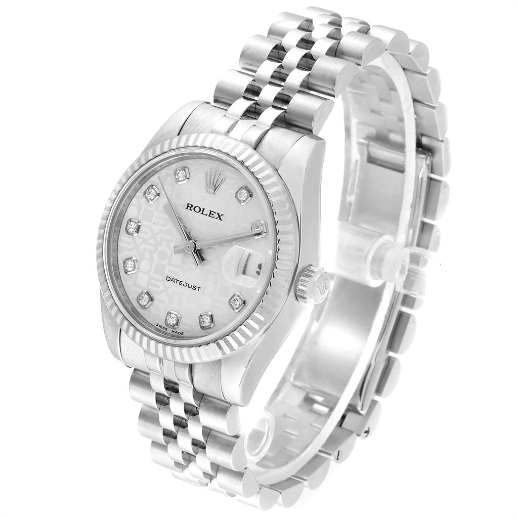 This image shows a Rolex Mid-Size 178274 Women's Stainless Steel Silver Dial 178274 Women's Stainless Steel Silver Dial Datejust watch at an angle highlighting its face, bezel, crown, and bracelet.