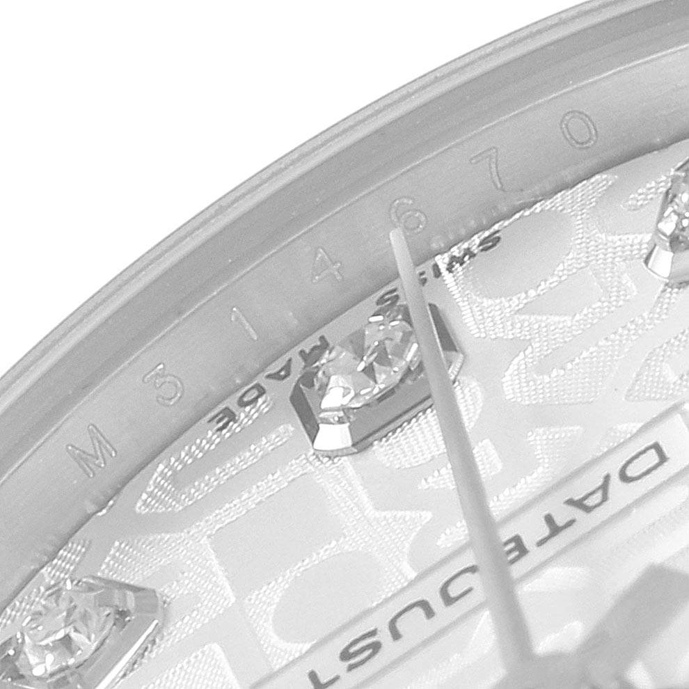 The image shows a close-up angle of the dial and bezel with diamond hour markers of a Rolex Mid-Size 178274 Women's Stainless Steel Silver Dial 178274 Women's Stainless Steel Silver Dial Datejust watch.