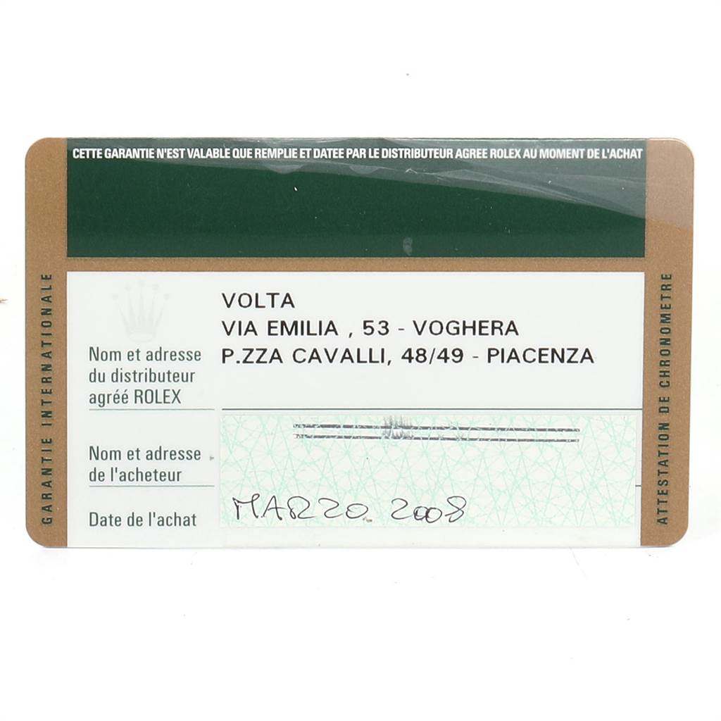 The image shows the international warranty card for a Mid-Size Rolex watch, detailing the authorized dealer and purchase date.