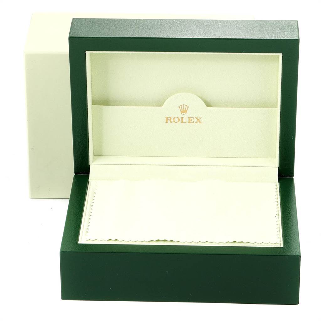 The image shows an empty Rolex watch box for a Mid-Size model, viewed from the front with its lid open.