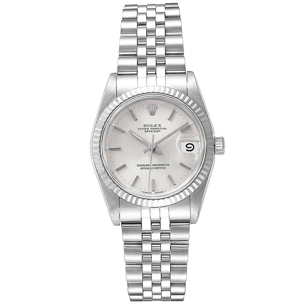 This Mid-Size Rolex watch is shown from a top-down angle, highlighting the dial, bezel, crown, and bracelet.