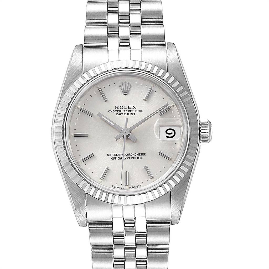 The image shows a front view of the Rolex Oyster Perpetual Datejust Mid-Size watch, highlighting its dial, bracelet, and bezel.