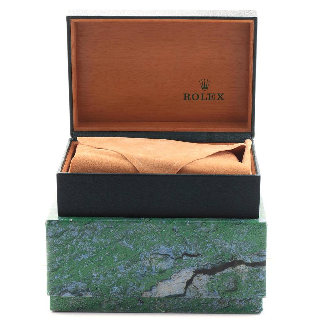 The image shows an open Rolex presentation box for the Mid-Size model, displaying the inner leather watch holder.