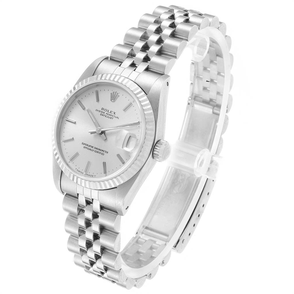 This image shows a Mid-Size Rolex watch at a three-quarter angle, highlighting the bracelet, dial, and crown.