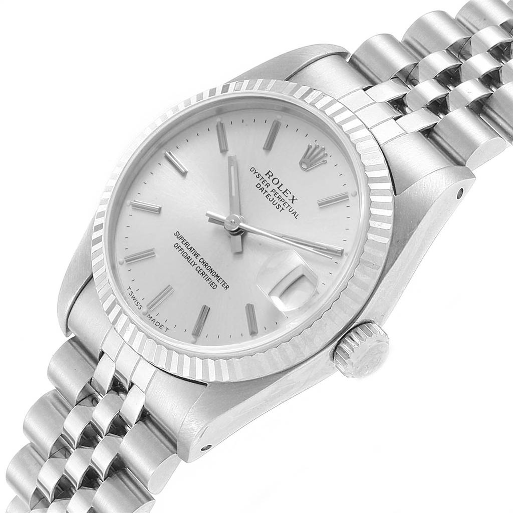 The image shows a Rolex Mid-Size 68274 Women's Stainless Steel Silver Dial 68274 Women's Stainless Steel Silver Dial Oyster Perpetual Datejust from an angled view, highlighting the dial, bezel, crown, and bracelet.