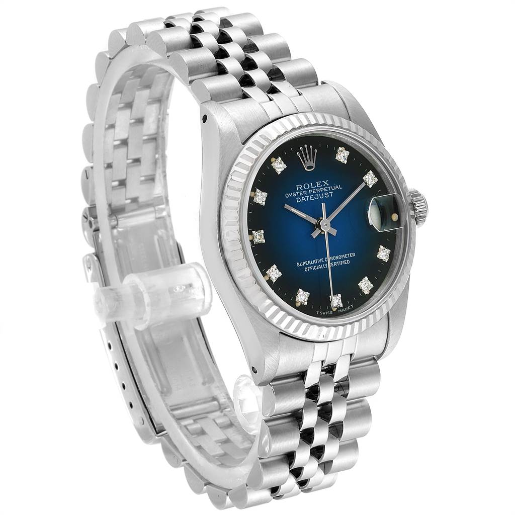 The image shows a Rolex Oyster Perpetual Datejust Mid-Size watch angled from the front left, highlighting the dial, bezel, and bracelet.