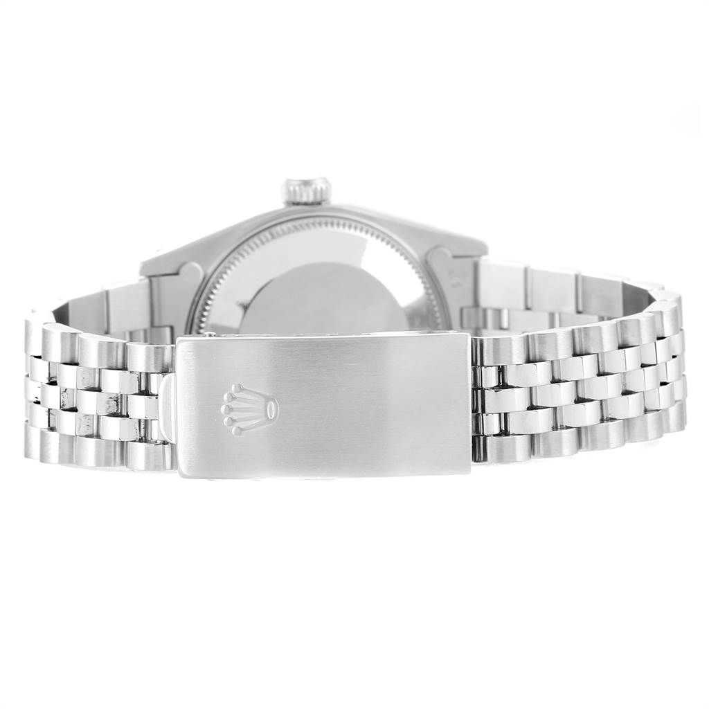 This image shows the clasp, bracelet, and case back of the Rolex Mid-Size 68274 Women's Stainless Steel Blue Dial 68274 Women's Stainless Steel Blue Dial model watch from a rear angle.