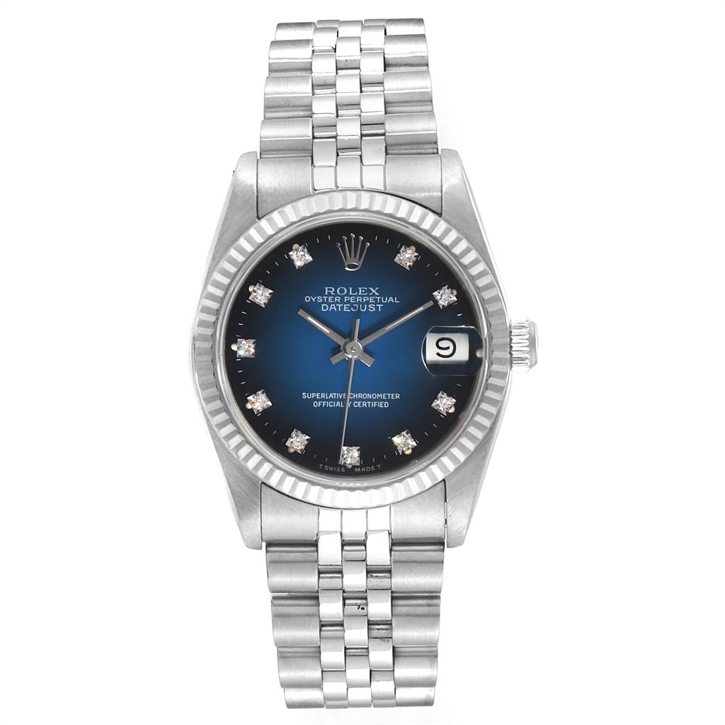 The image shows a front view of a Rolex Mid-Size 68274 Women's Stainless Steel Blue Dial 68274 Women's Stainless Steel Blue Dial Oyster Perpetual Datejust watch with a Jubilee bracelet and fluted bezel.