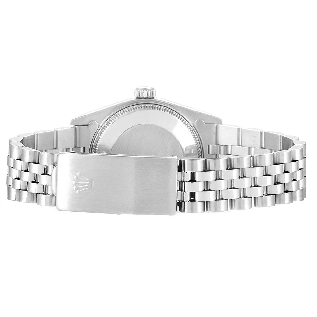 The image shows the backside of a Rolex Mid-Size 68274 Women's Stainless Steel Pink Dial 68274 Women's Stainless Steel Pink Dial model watch, highlighting the clasp, case back, and bracelet.