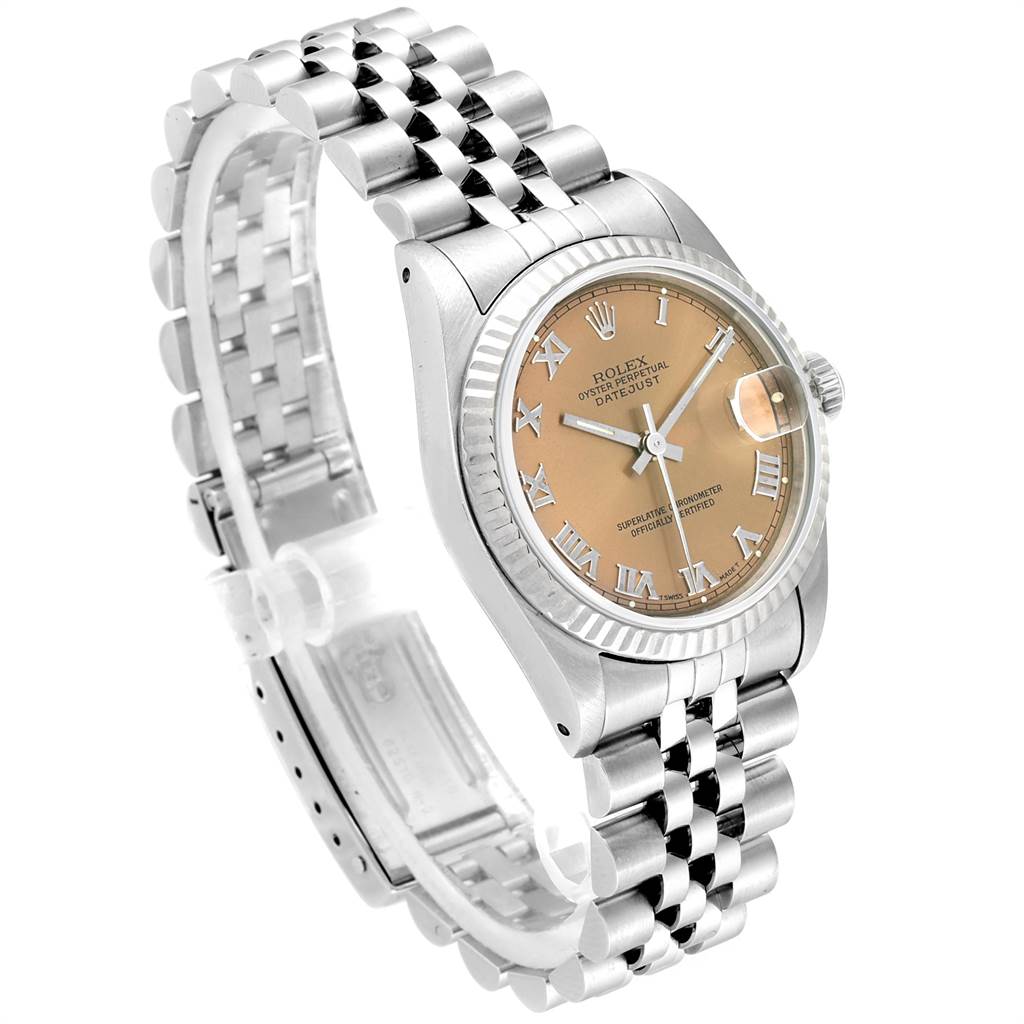 This image shows a side and angled view of a Rolex Mid-Size 68274 Women's Stainless Steel Pink Dial 68274 Women's Stainless Steel Pink Dial watch, highlighting the face, bezel, and bracelet.