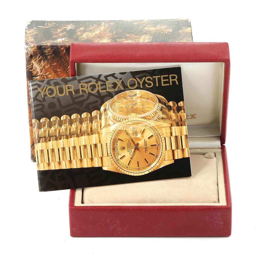 The image shows a Rolex Mid-Size 68274 Women's Stainless Steel Pink Dial 68274 Women's Stainless Steel Pink Dial model watch box with a brochure titled "Your Rolex Oyster" placed inside.