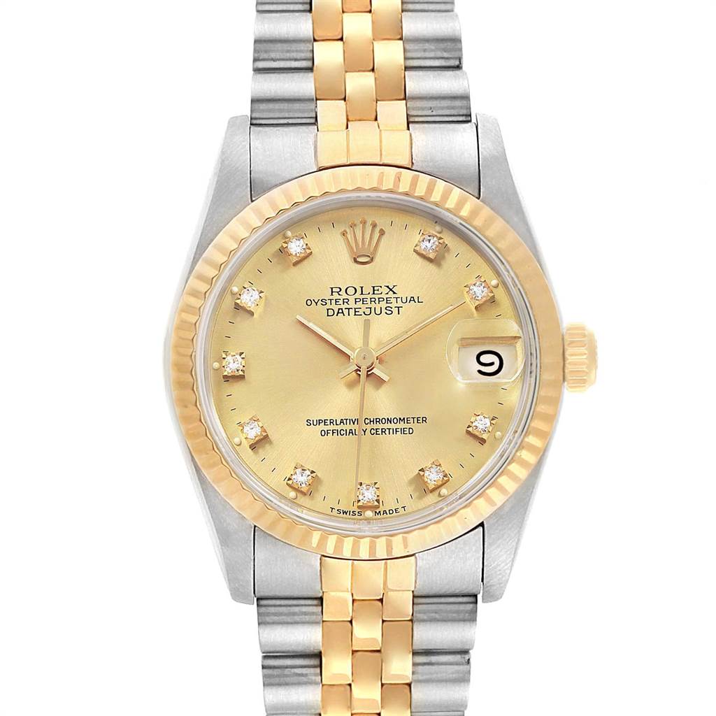 The image shows a front view of a Rolex Datejust Mid-Size watch with a two-tone bracelet and diamond markers on the gold dial.