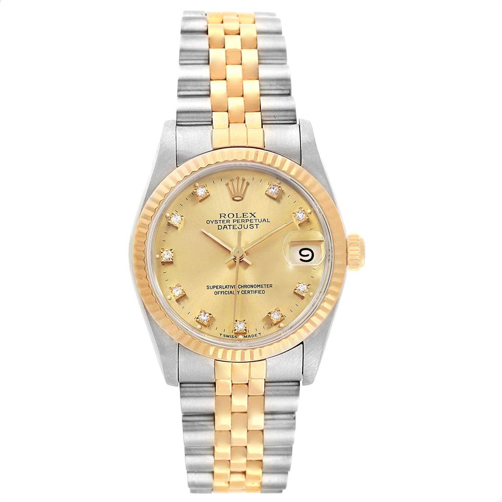The image shows a front view of a Rolex Mid-Size 68273 Women's Steel and Gold (two tone) Champagne Dial 68273 Women's Steel and Gold (two tone) Champagne Dial Oyster Perpetual Datejust with a two-tone bracelet and a gold dial.
