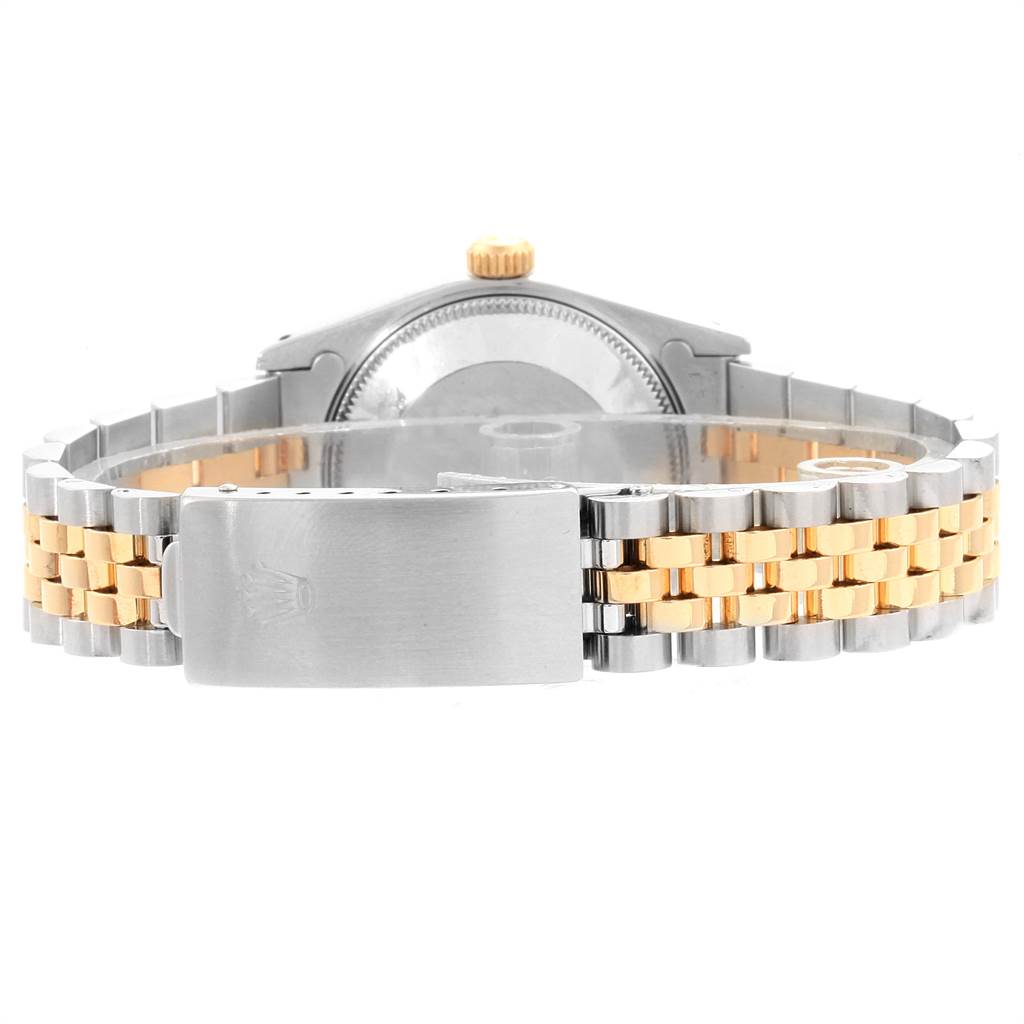 The image shows the back side and clasp of a Rolex Mid-Size 68273 Women's Steel and Gold (two tone) Champagne Dial 68273 Women's Steel and Gold (two tone) Champagne Dial watch with a two-tone band.