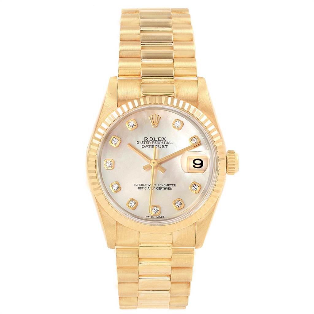 This image shows a frontal view of a Mid-Size Rolex Datejust watch, displaying the face, bracelet, and crown.