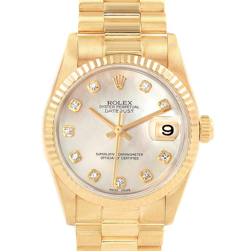 Rolex President Datejust 31 Midsize Yellow Gold MOP Diamond Ladies Watch 68278 SwissWatchExpo