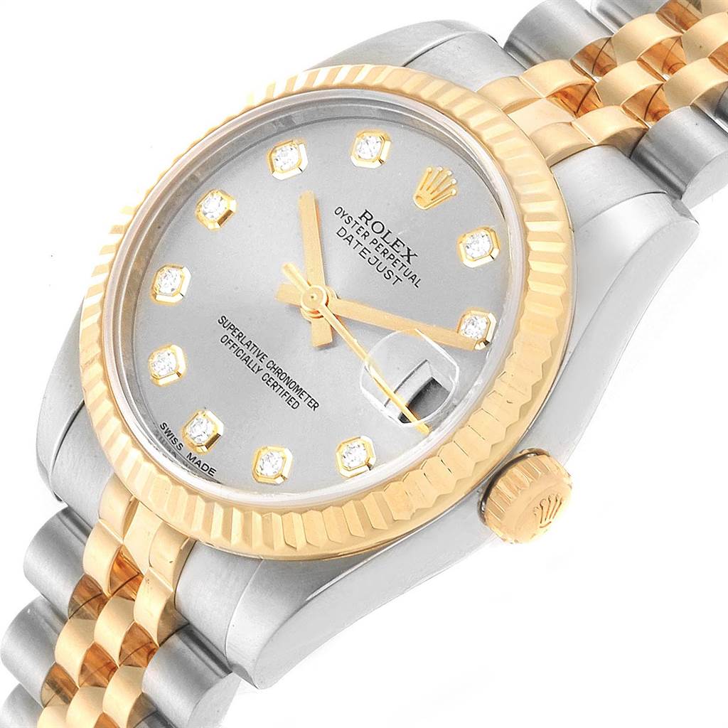 The image shows a close-up, angled view of the Rolex Mid-Size 178273 Women's Steel and Gold (two tone) Silver Dial 178273 Women's Steel and Gold (two tone) Silver Dial Datejust watch, highlighting its dial, bezel, crown, and part of the bracelet.