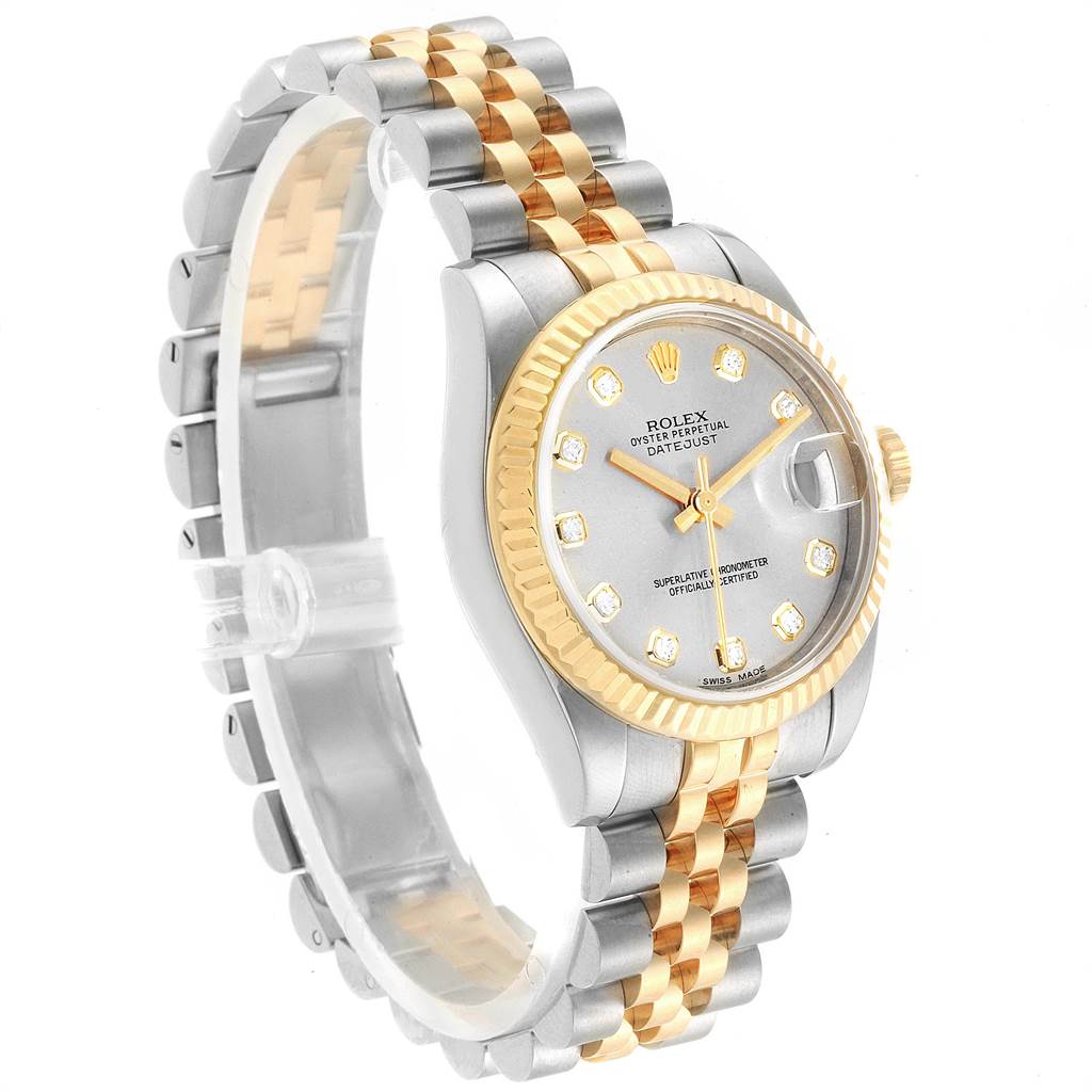 This image shows a side angle of the Rolex Mid-Size 178273 Women's Steel and Gold (two tone) Silver Dial 178273 Women's Steel and Gold (two tone) Silver Dial Datejust watch, highlighting its two-tone bracelet and diamond-accented face.