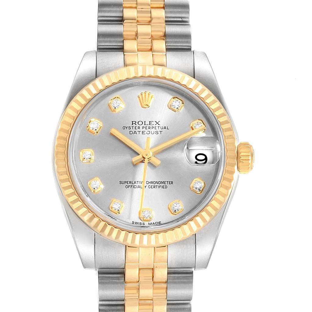 The image shows a front view of a Rolex Datejust Mid-Size watch, featuring a silver dial, gold accents, and a two-tone bracelet.