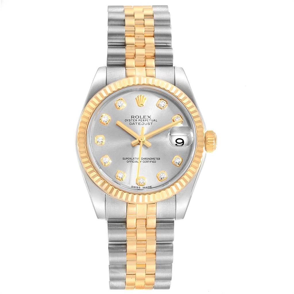 This is a frontal view of a Rolex Mid-Size 178273 Women's Steel and Gold (two tone) Silver Dial 178273 Women's Steel and Gold (two tone) Silver Dial Oyster Perpetual Datejust watch, showcasing the dial, bezel, and bracelet.