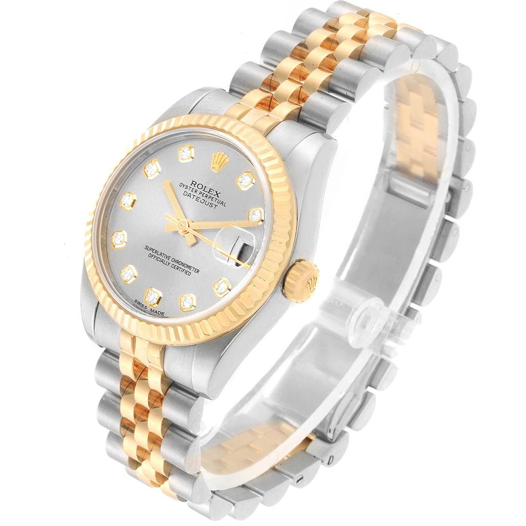 This image shows a Rolex Mid-Size 178273 Women's Steel and Gold (two tone) Silver Dial 178273 Women's Steel and Gold (two tone) Silver Dial Datejust watch from an angled top view, highlighting its two-tone bracelet and diamond hour markers.