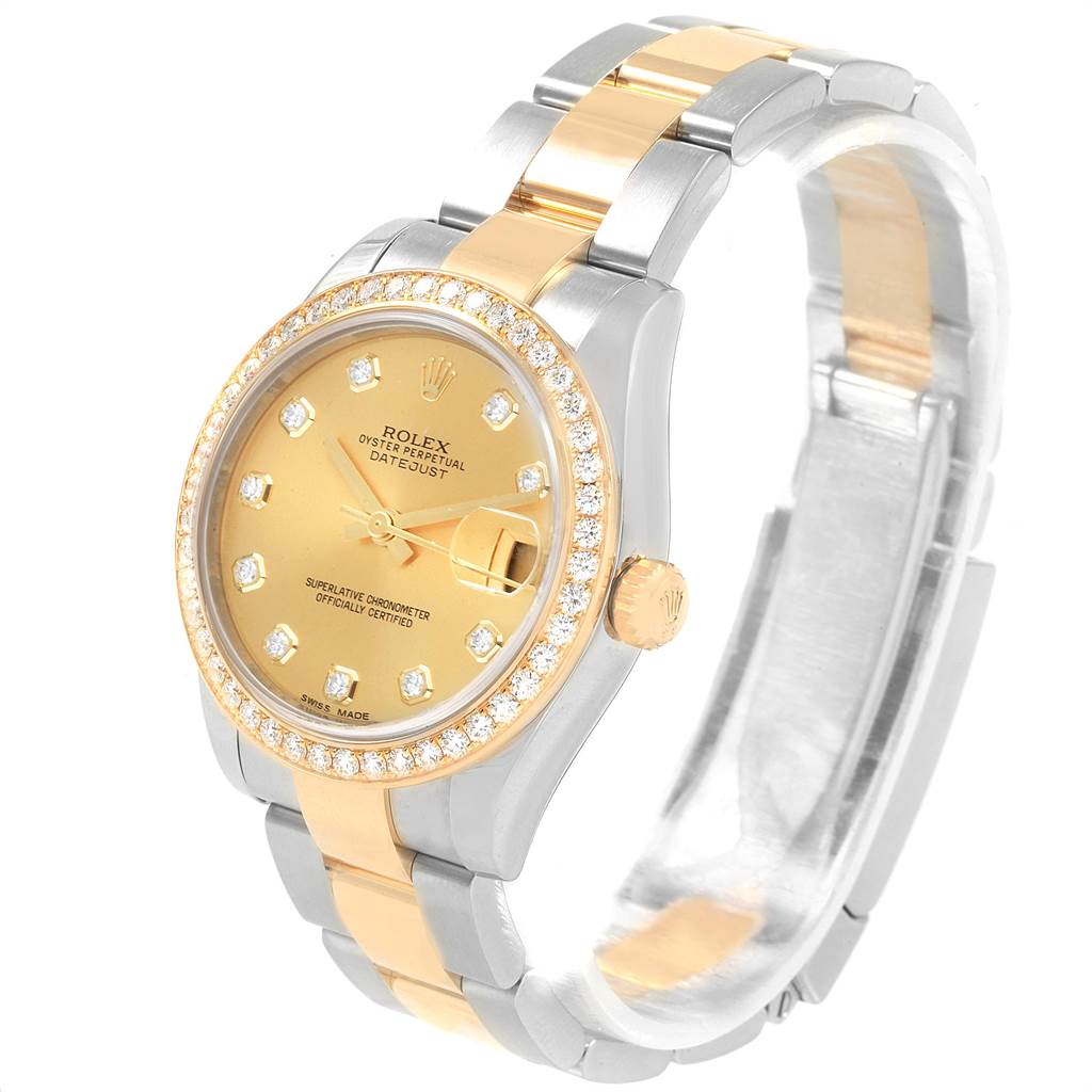 A Rolex Mid-Size 178383 Women's Steel and Gold (two tone) Champagne Dial 178383 Women's Steel and Gold (two tone) Champagne Dial Datejust watch is shown in an angled view displaying the face, band, bezel, and crown.
