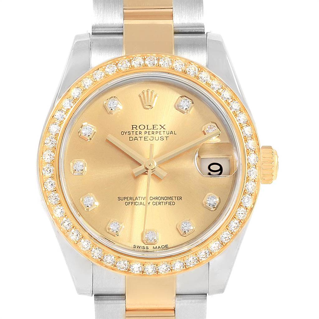The image shows a Rolex Mid-Size 178383 Women's Steel and Gold (two tone) Champagne Dial 178383 Women's Steel and Gold (two tone) Champagne Dial Datejust watch, focusing on the gold-tone dial, diamond hour markers, bezel, and part of the bracelet.
