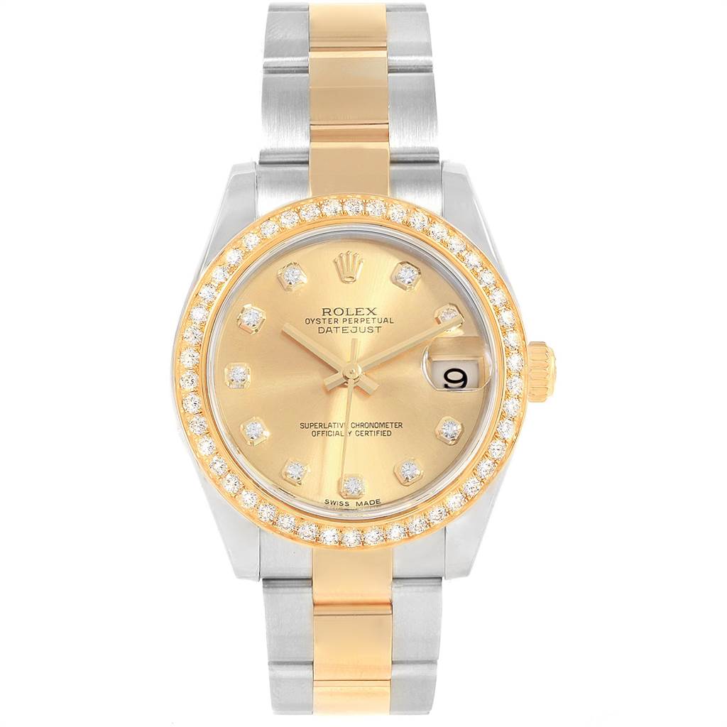 This image shows a front view of a Rolex Oyster Perpetual Datejust Mid-Size watch, featuring its two-tone bracelet and diamond bezel.