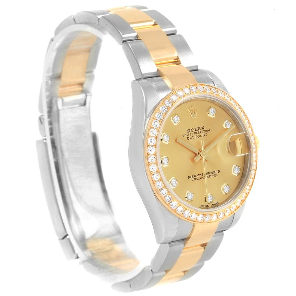 The image shows a Rolex Mid-Size 178383 Women's Steel and Gold (two tone) Champagne Dial 178383 Women's Steel and Gold (two tone) Champagne Dial Datejust watch from a three-quarter angle featuring its dial, bezel, and bracelet.