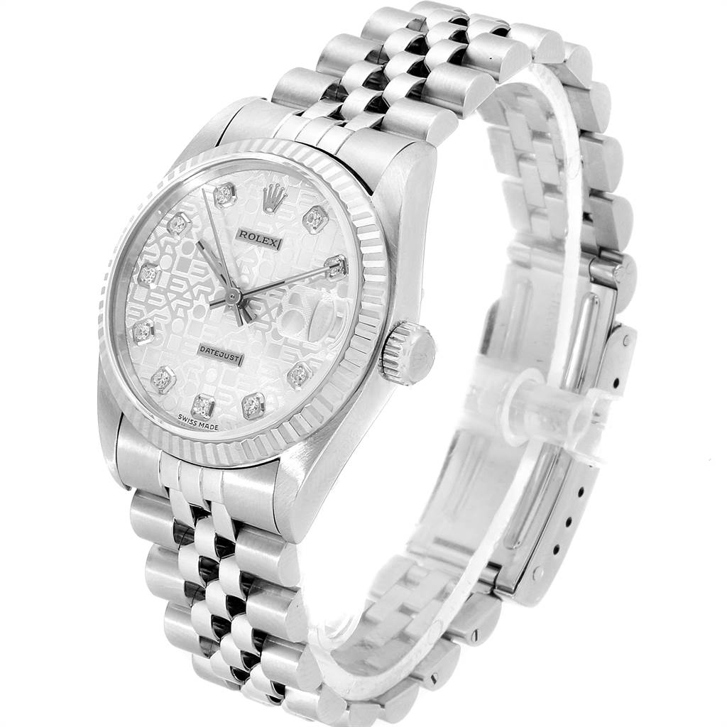 The image shows a Rolex Mid-Size 68274 Women's Stainless Steel Silver Dial 68274 Women's Stainless Steel Silver Dial Datejust watch angled slightly from the upper right, highlighting the case, dial, and bracelet.