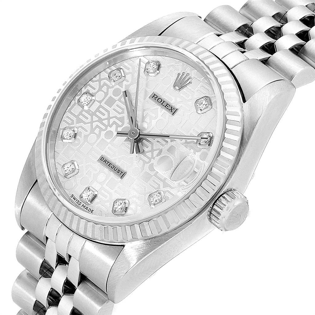 The image shows a mid-size Rolex Datejust watch at a slight angle, highlighting the dial, crown, and bracelet.