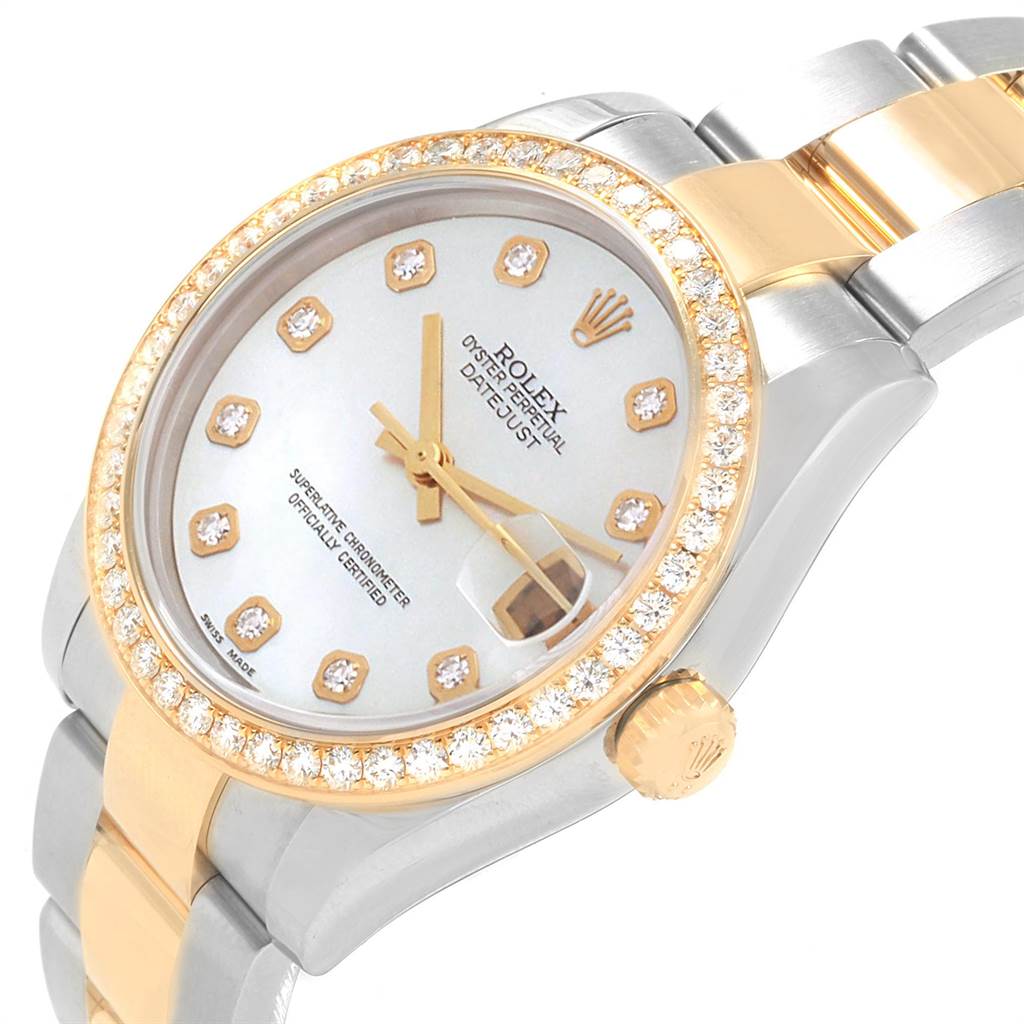 The image shows a close-up angle of a Rolex Mid-Size 178383 Women's Steel and Gold (two tone) Mother of Pearl Dial 178383 Women's Steel and Gold (two tone) Mother of Pearl Dial Datejust watch, highlighting the dial, bezel, and part of the bracelet.