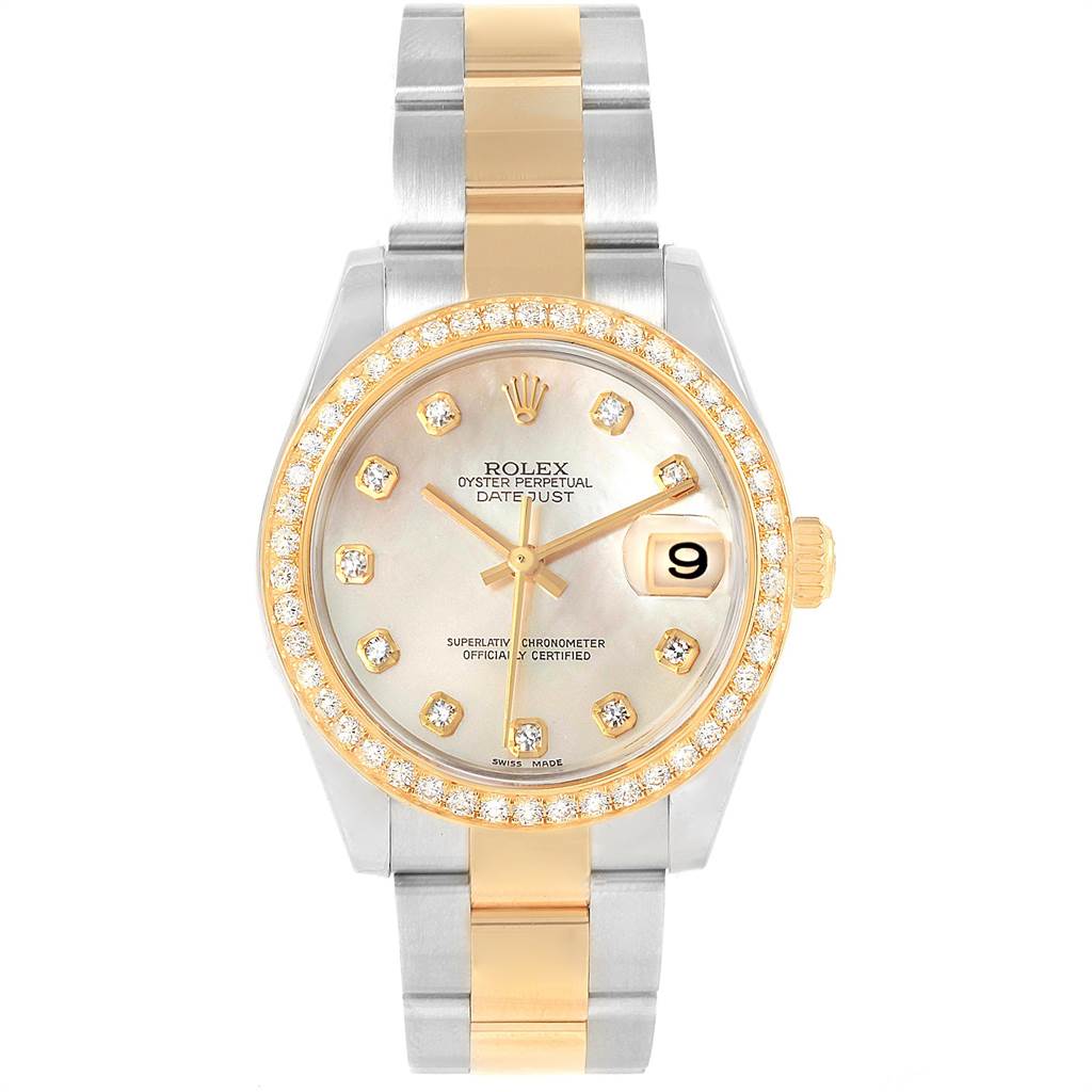 This image shows a front view of a Rolex Mid-Size 178383 Women's Steel and Gold (two tone) Mother of Pearl Dial 178383 Women's Steel and Gold (two tone) Mother of Pearl Dial Datejust watch, highlighting the dial, bezel, and bracelet.