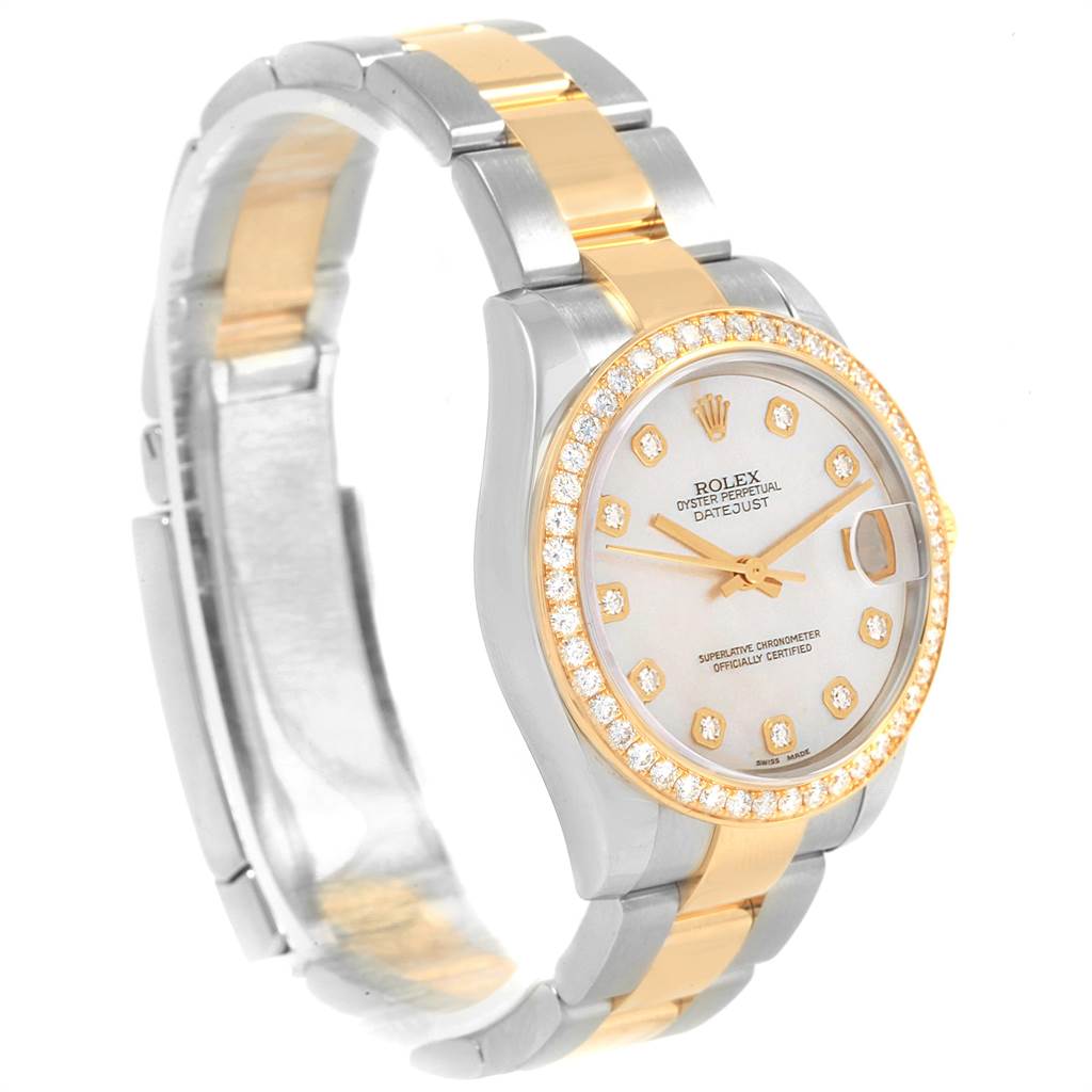 This image shows the front and side of a Rolex Mid-Size 178383 Women's Steel and Gold (two tone) Mother of Pearl Dial 178383 Women's Steel and Gold (two tone) Mother of Pearl Dial Datejust watch, highlighting its bezel, dial, and bracelet.